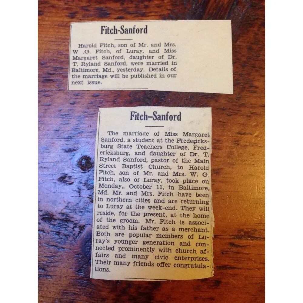1937 Marriage License Harold Fitch Margaret Sanford Luray Virginia Love Letters